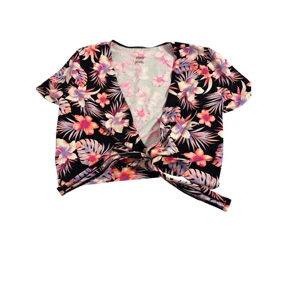 Victoria's Secret PINK Hawaiian Floral Purple Black Cropped Wrap Top Size Large - Picture 3 of 8
